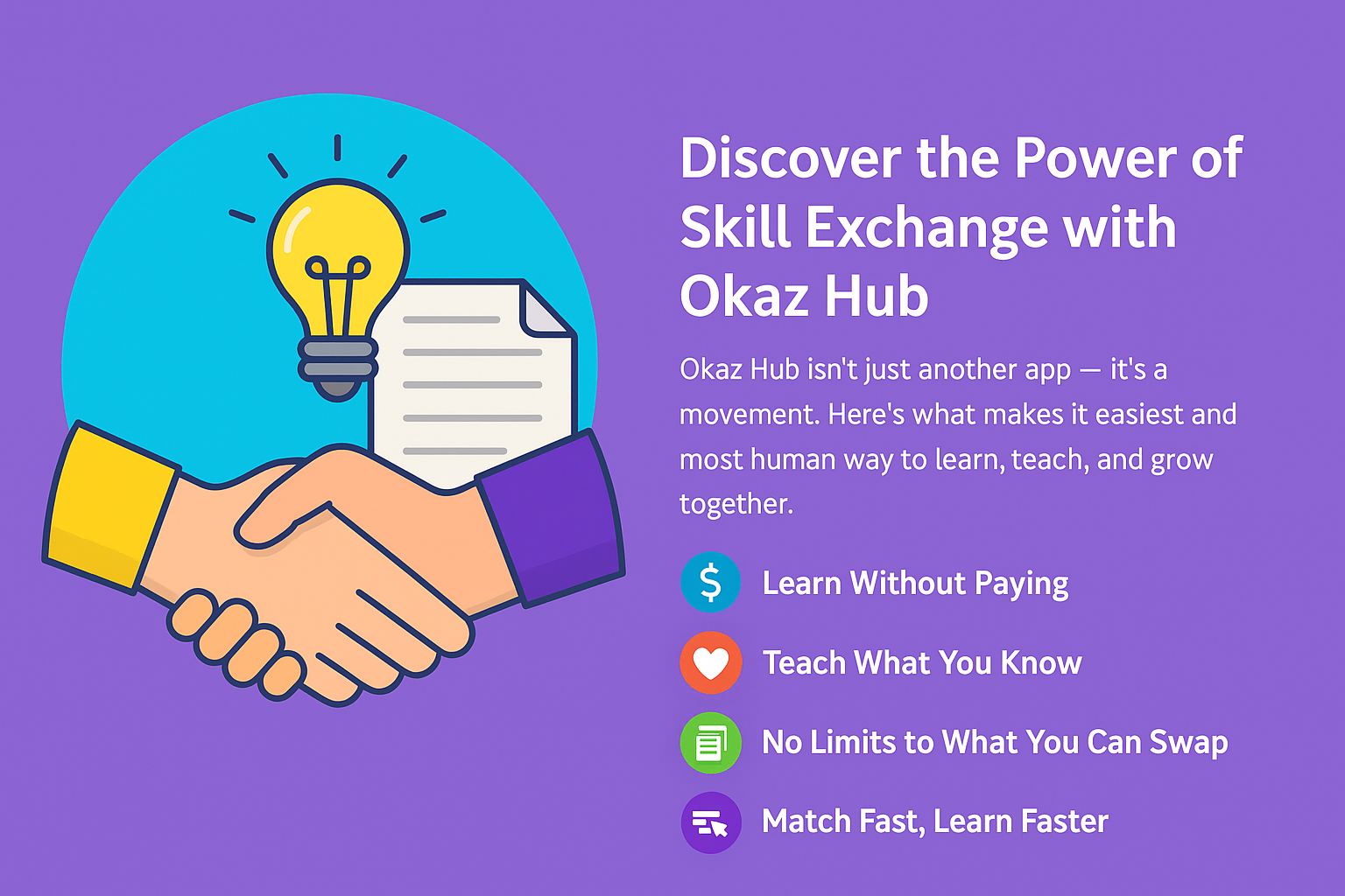 Illustration of a handshake, lightbulb, and document next to promotional text about skill exchange on Okaz Hub